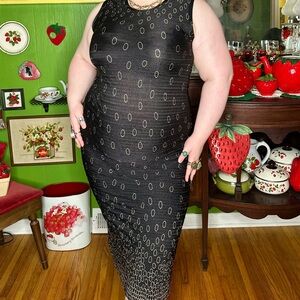 Rafael Grunge Goth Black & White Polka Dot Stretchy Shirring Crinkled Maxi Dress
